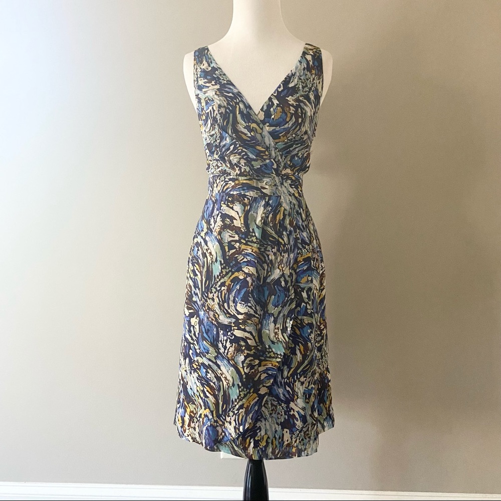 Moulinette Soeurs V Neck Oak Apple Sleeveless Blue Swirl Print Dress Sz 8